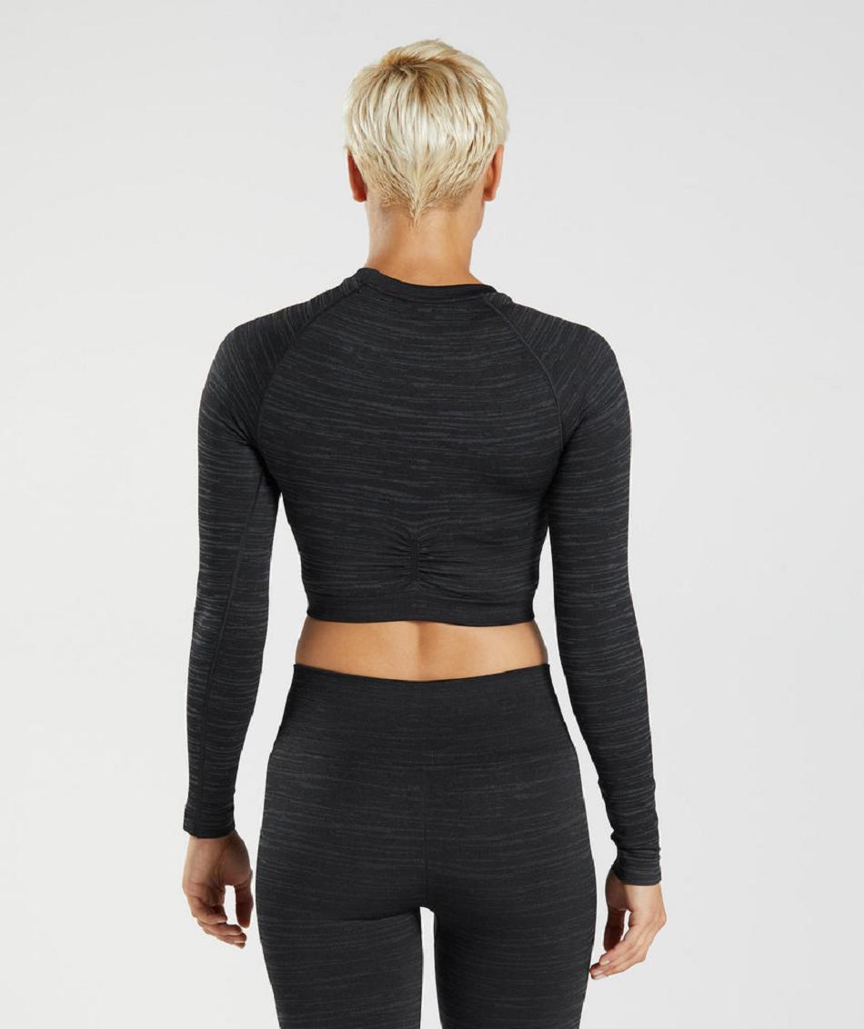 Przycięte Topy Damskie Gymshark Adapt Marl Seamless Long Sleeve Czarne Szare | PL 2620OKI